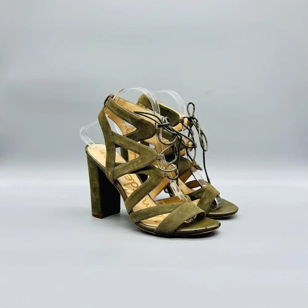 Sam Edelman Sandals Womens 7.5 Green Suede Lace Up Yardley Block Heel Shoes